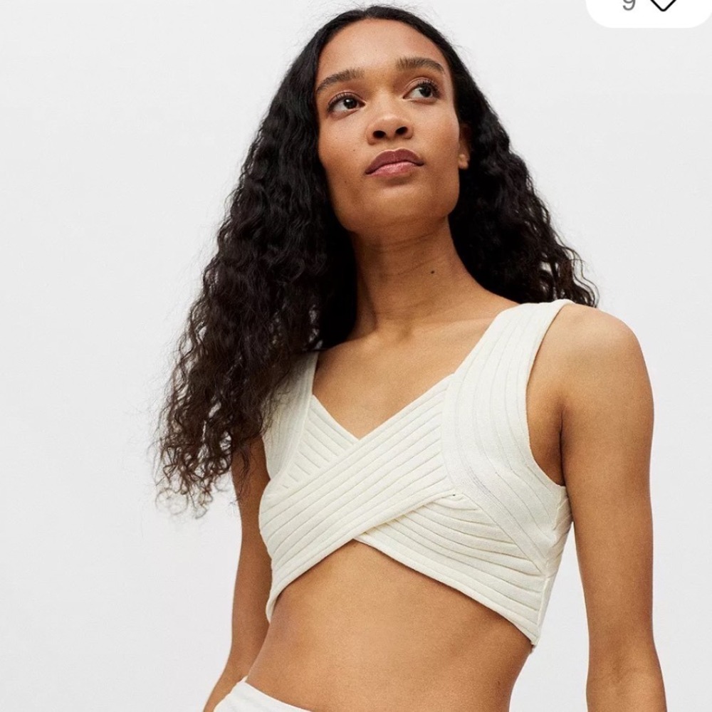 Urban Outfitters | Women's Cream Ribbed Cross Front Wrap Sleeveless Crop Top, S